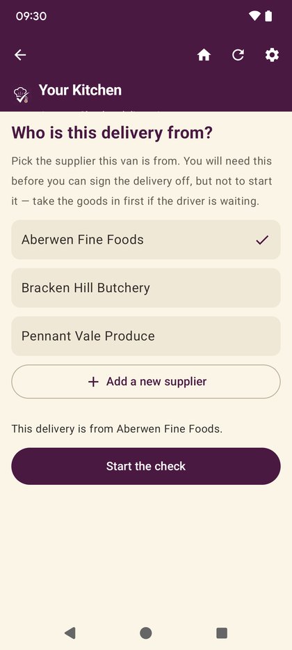 The goods-in supplier step, with a supplier selected