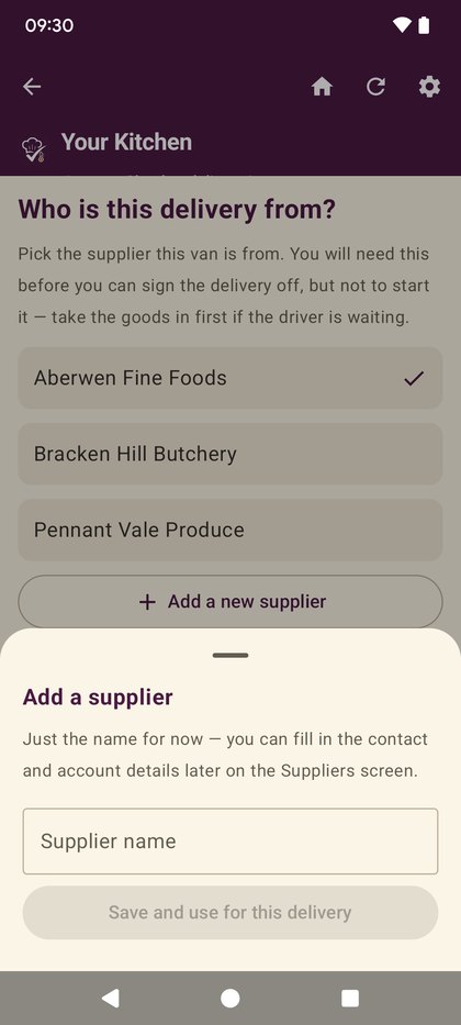 Creating a new supplier from inside the delivery check